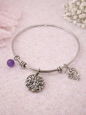 Silverworks Believe Charm Bangle Bracelet Silver NWT Adjustable